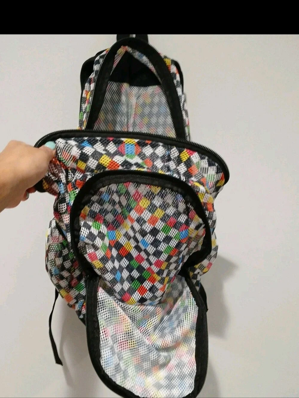 J WORLD Multi-Color Mesh Backpack Checker Geometric Print Bookbag Gym School